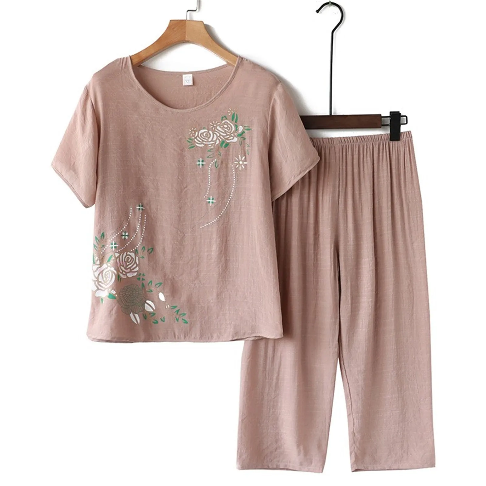 

Middle-aged and Elderly Women Summer Short Sleeve Floral Print Loose Cotton Linen T-shirt Top Wide-leg Pant 2PCS Set Mother suit