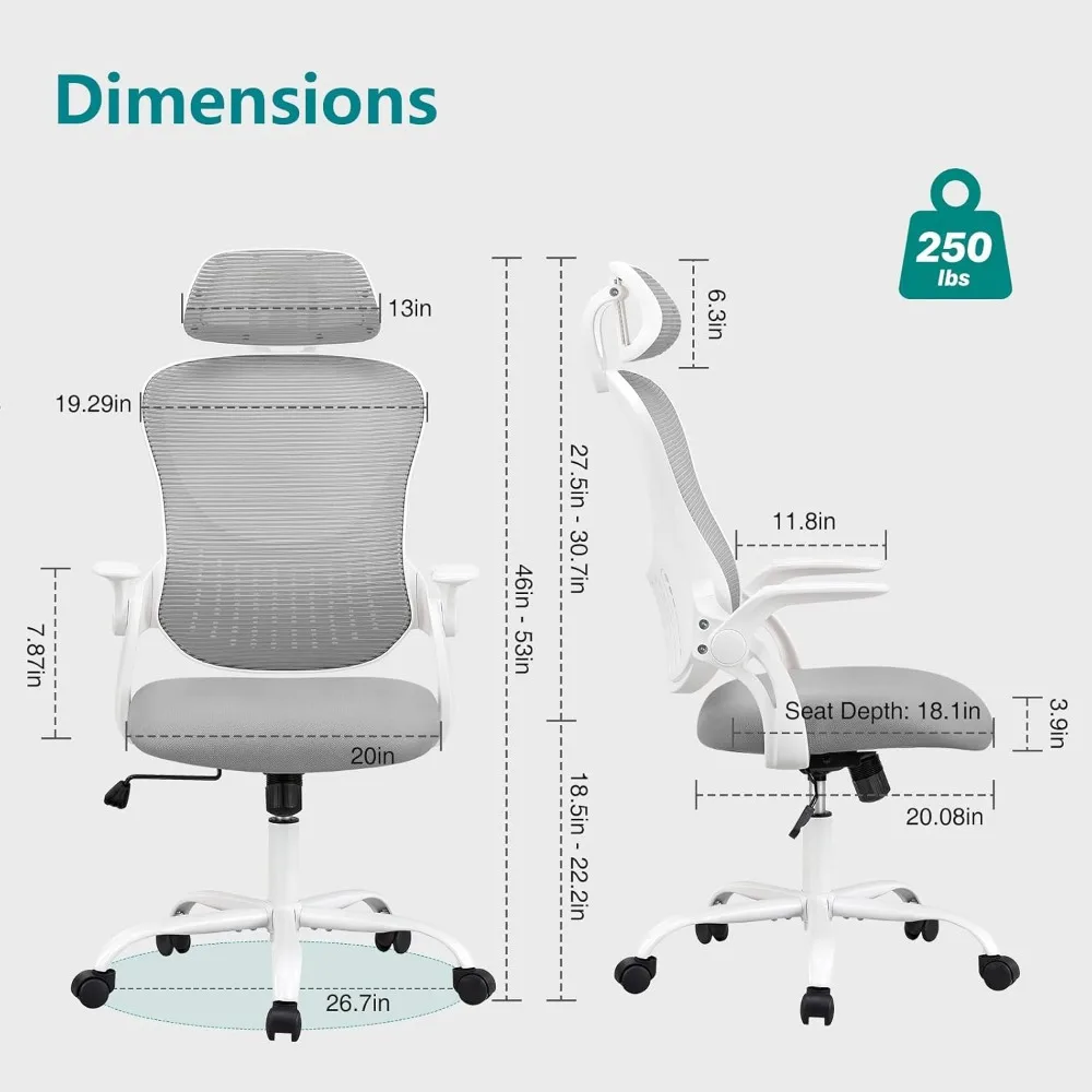 Office Computer Desk Chair, Ergonomic High-Back Mesh Rolling Work Task Chairs with Wheels and Adjustable Headrests,Study, Grey