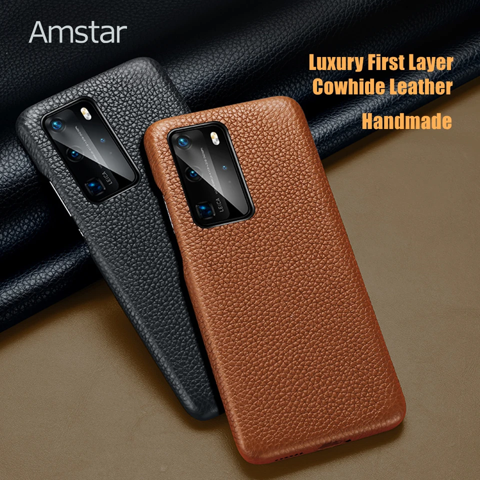 Amstar Pure Natural Cowhide Leather Phone Case for Huawei Mate 30 40 Pro Plus P40 Pro Plus Handmade Real Cowhide Leather Cover