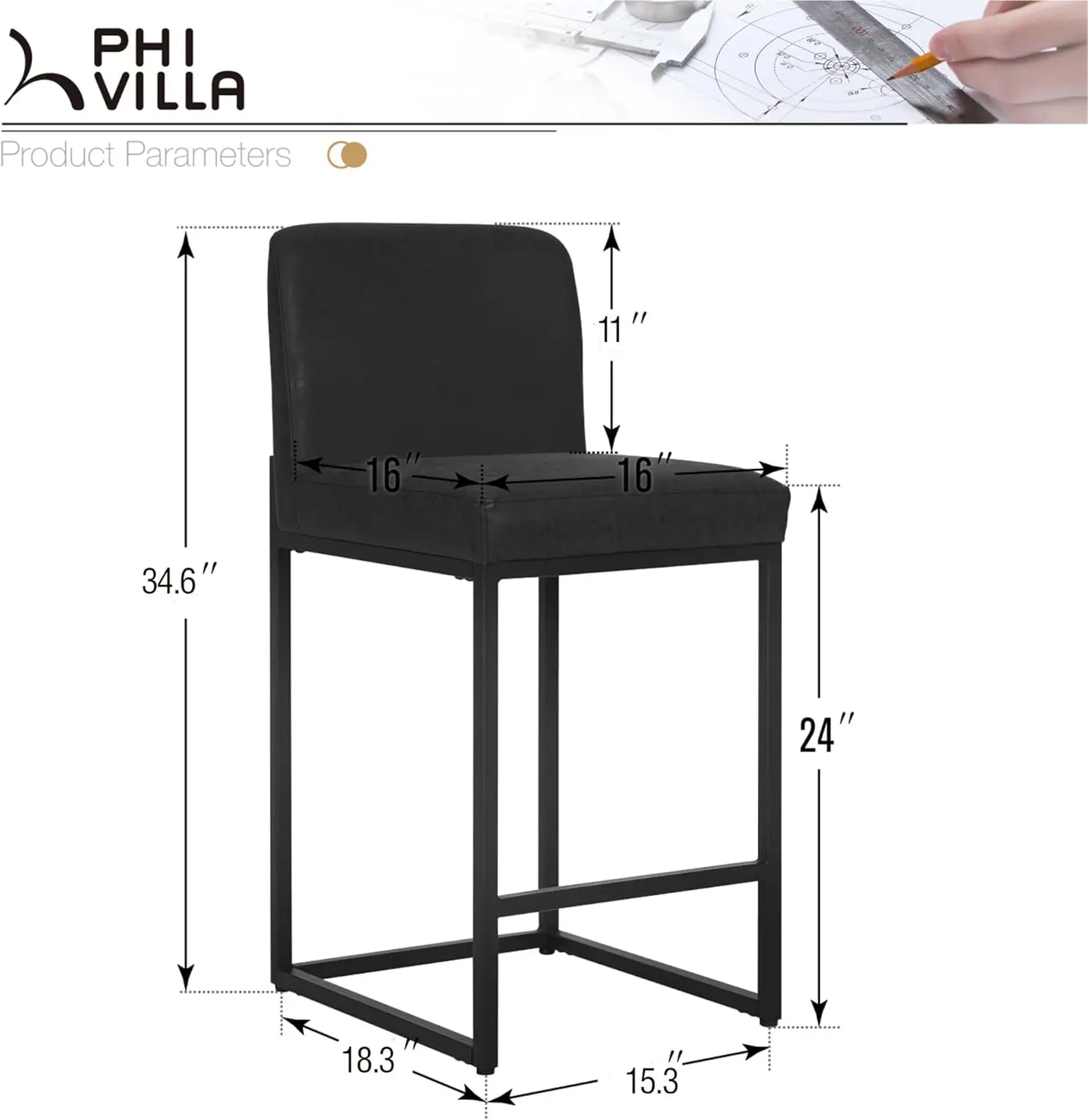 PHI VILLA Black Bar Stools Set of 4 - Counter Height 24''  Stool Pu Leather Kitchen Modern  Chairs,  Stools with Back