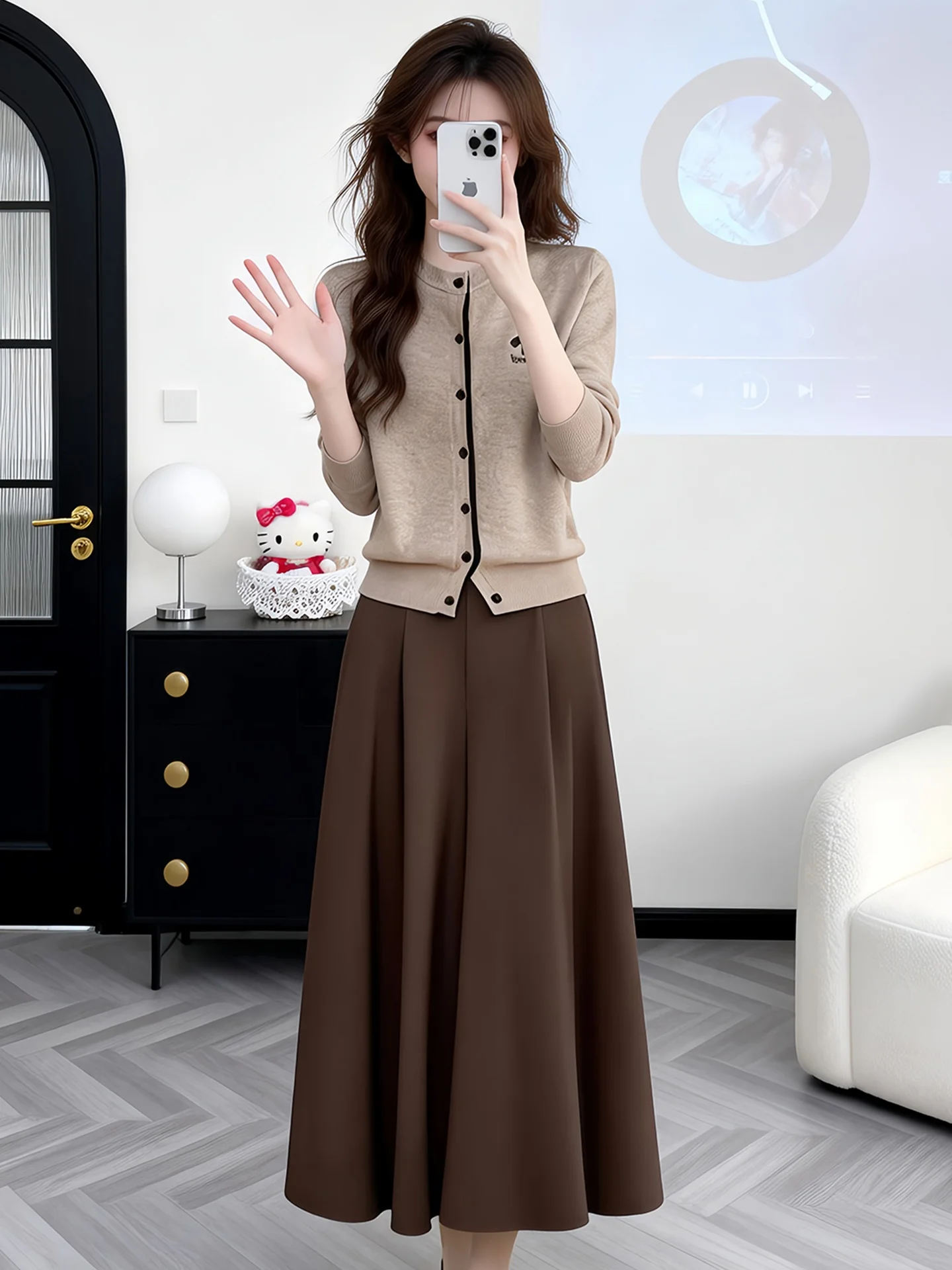 

Spring Autumn 2026 Women's Knitted Open Cardigan And Elastic Waist Skirt Fashionable Two-Piece Set round Neck Design