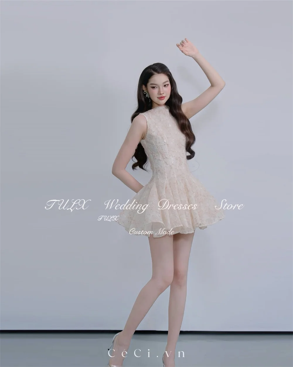 TULX ชุดเดรสสั้นลูกไม้สีชมพูเจ้าหญิง คอทรงโอ แขนกุด ชุดเดรสงานเลี้ยงวันเกิด ทรงเอ ความยาวเหนือเข่า ชุดเดรสค็อกเทลแบบเป็นทางการ