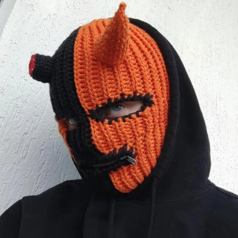 Unisex Knitted Face Mask Halloween Devil Horn Face 1 Hole Balaclava Autumn/Winter Warm Windproof Urine Knitted Hat