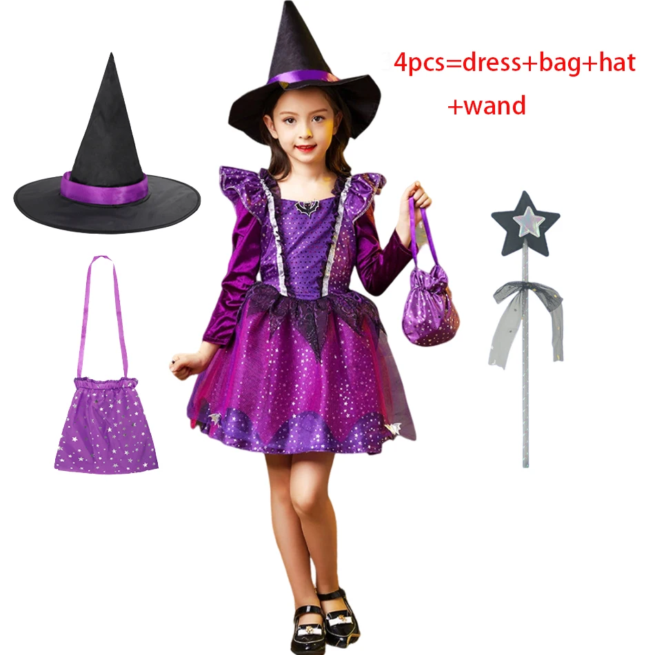 2024 Witch Halloween Cosplay Girls Dress Costume Kids Fancy Clothes Vestidos Party Hat Vampire Christmas Fantasy