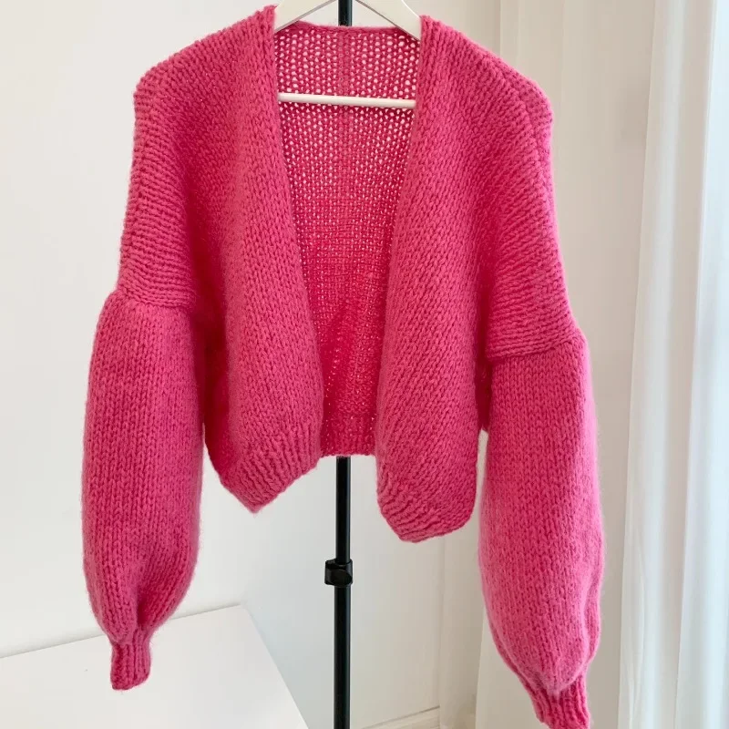 Camisola de malha manga comprida feminina, chapéu cardigan vermelho rosa, chapéu handwork, tamanho único de alta qualidade