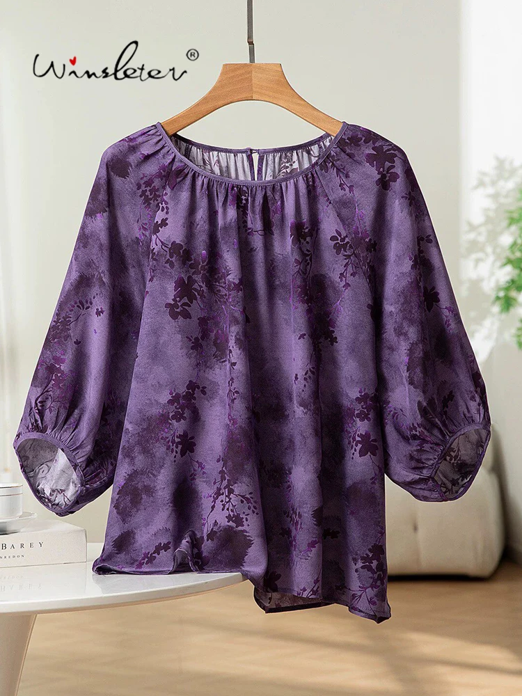 

Winsleter-100%Real Silk Double Crepe Elegant T-Shirt, Lantern Sleeve Print, Women French Loose Thin Top, 2026 Summer T66868CC