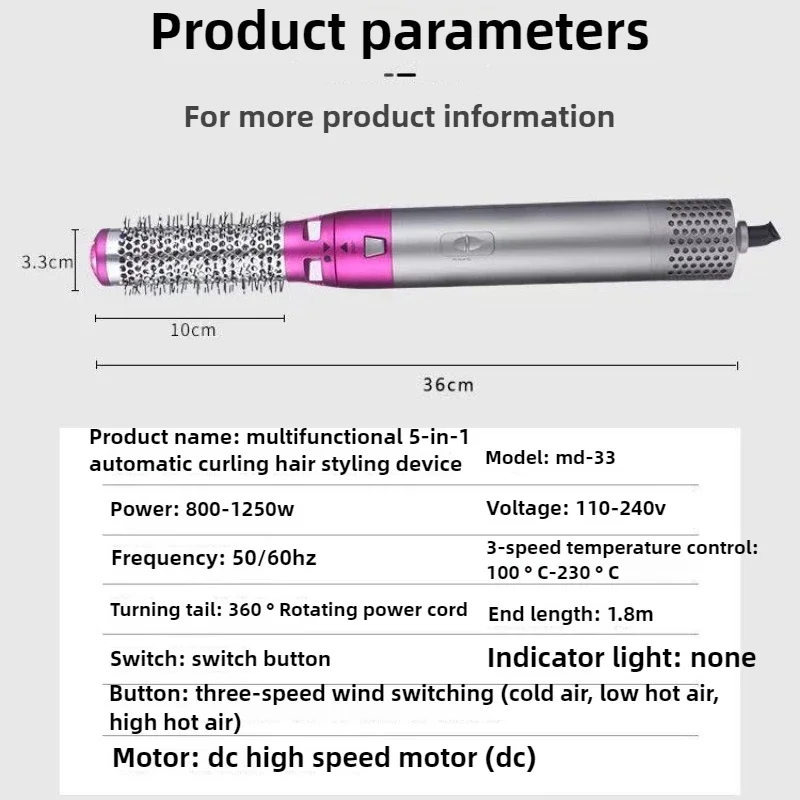5-in-1 Hair Dryer Multi-functional Portable Hair Dryer Comb 1000W High-power Hot and Cold Air Suitable for Household Low Noise