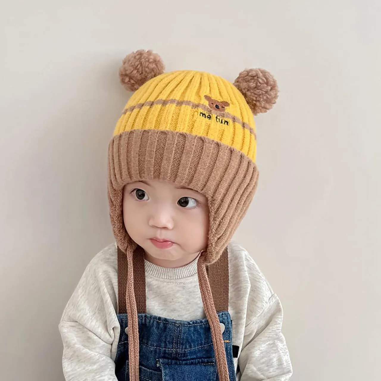 Cartoon Animal Baby Earmuffs Cap Plush Ball Children Ear Protection Hat 1-5year Baby Winter Woolen Warm Knit Hats Lace-up Beanie