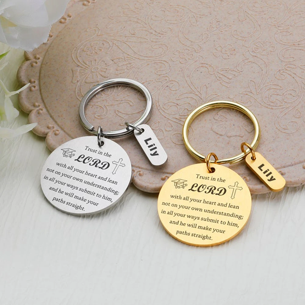 Stainless Steel Custom Trust In The Lord Key Chain 4 Colors Engraved Name Cross Key Ring Christian Graduation Present