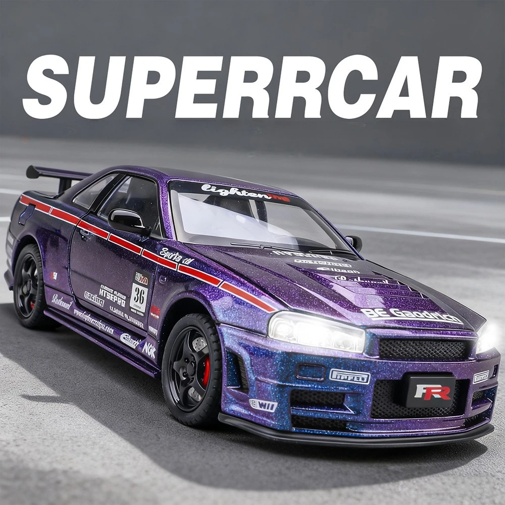 1-24-gtr-r34-セナ-ミニチュア-おもちゃ-モデル-スポーツカー-合金-ダイキャスト-前輪ステアリング-ドア開閉-スーパーカー-オーナメント