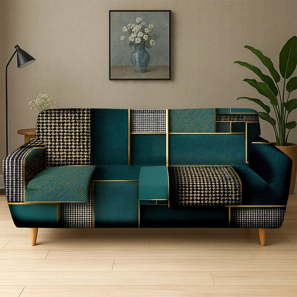 1 Stück Vintage Karierter Patchwork-Stretch-Sofabezug, Abnehmbarer Waschbarer Möbelschutz für Wohnzimmer