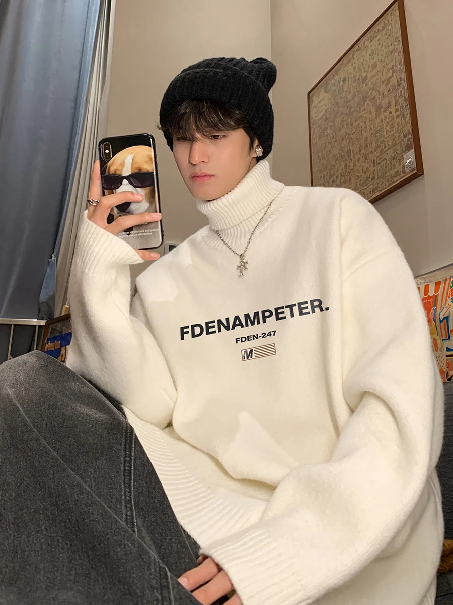 

White High Collar Men's Knitted Sweater Winter Trendy Lazy Base Layer Loose New 2026 Thiened Inner Warm Casual Wear