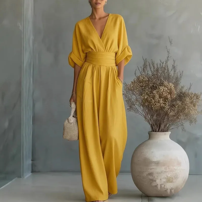 

2026 Spring Deep V Neck Women's Jumpsuits Elegant Solid High Waist Rompers Casual Wide Leg Pants Pocket Overalls Vacation Outfit