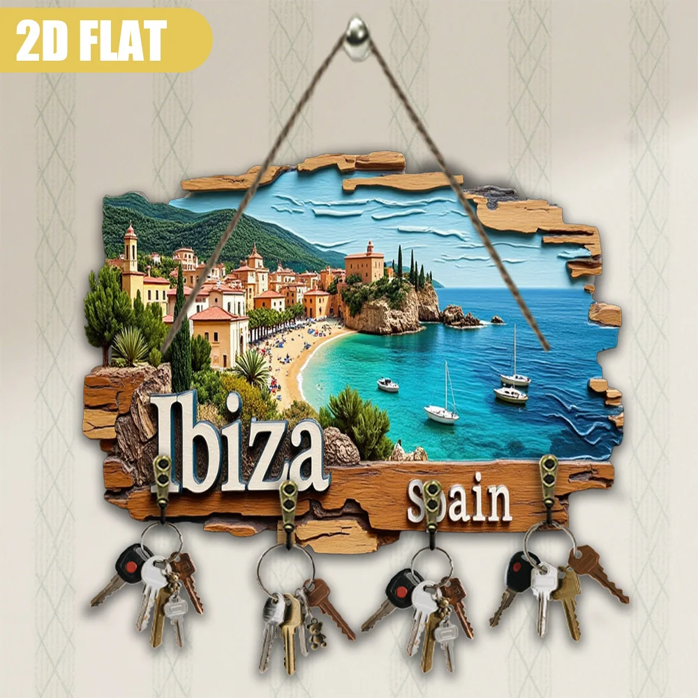 Decoración plana 2D para habitación plana 2D, "¡Discover Ibiza: sol, mar y arena Adventure!" (9,06*11,81 pulgadas), llave casera multifuncional de madera