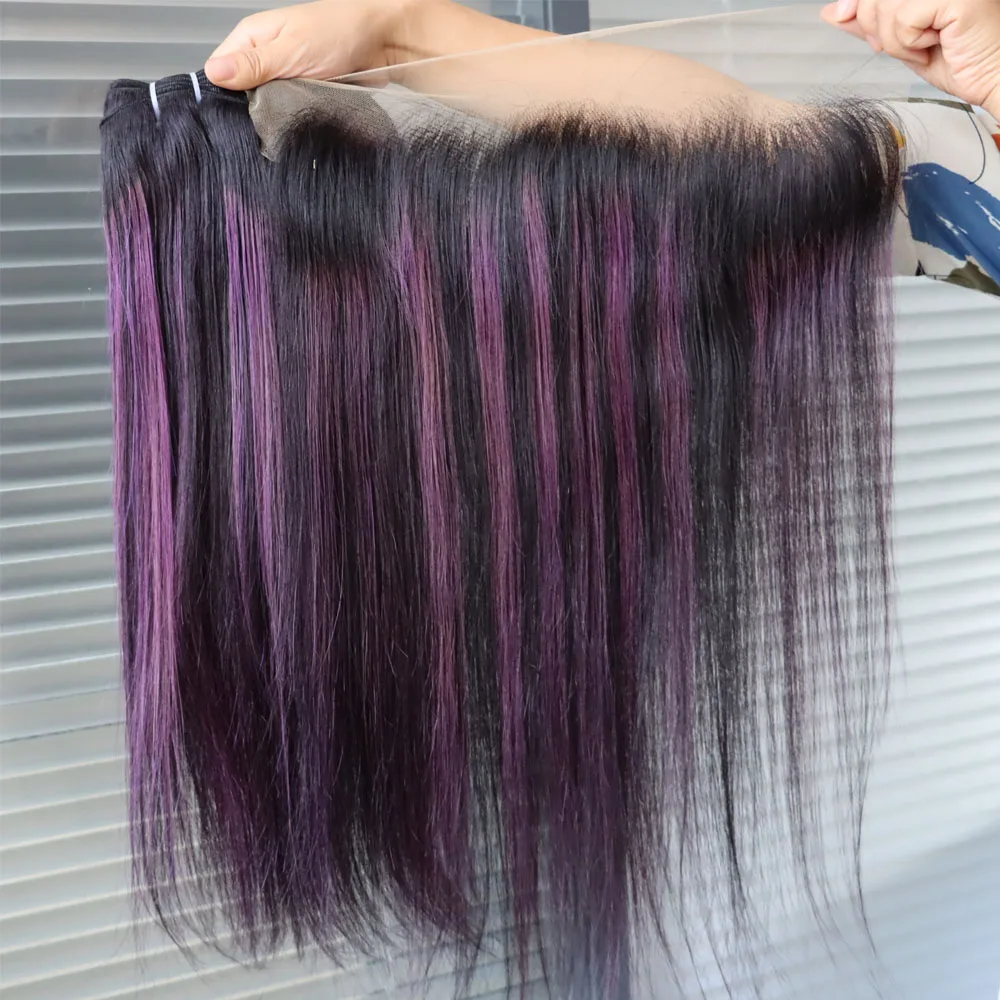 الجملة عذراء الشعر البشري تسليط الضوء على البيانو أومبير اللون 1B حزم الشعر البرازيلي الأرجواني مع إغلاق أمامي الدانتيل لكامل الرأس