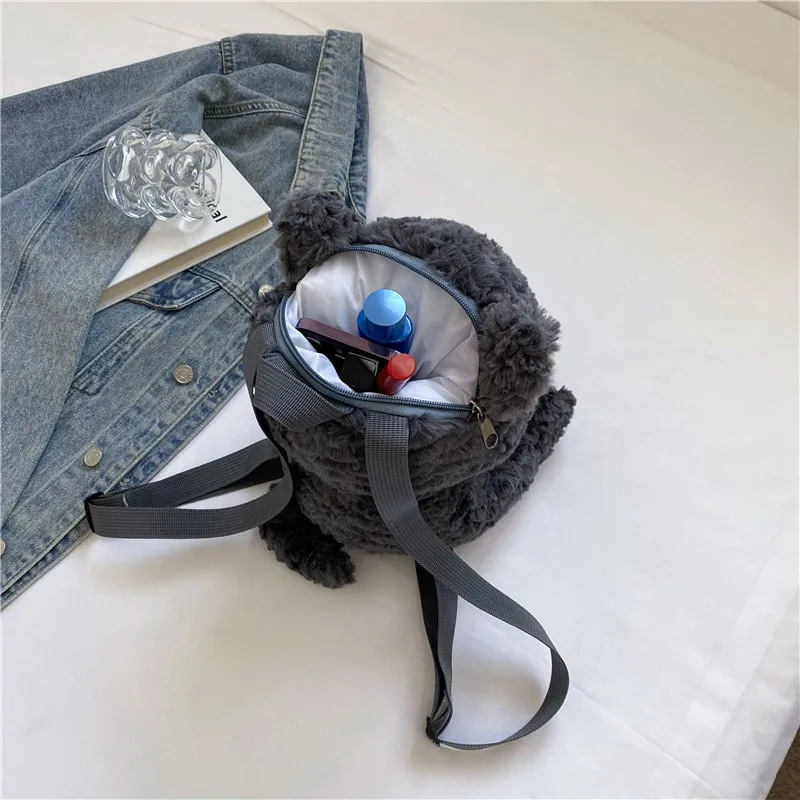 Mini Mochila De felpa Kawaii con forma de gato gris para mujer, bolsos esponjosos, animales de peluche estéticos, juguetes de dibujos animados con cremallera, regalo femenino pequeño