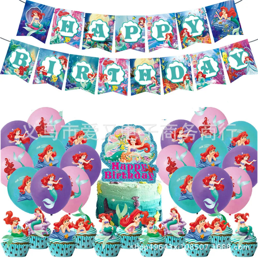 

Little Mermaid theme Balloon set Party decoration Cake topper Happy Birthday Banner Girls Gift Baby shower party Event supplies