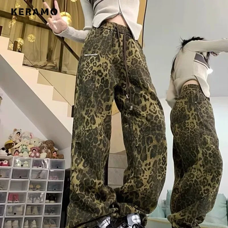 

2024 Spring Vintage Harajuku Y2K Loose Jeans Leopard Print Trashy Pants Women's Wide Leg Baggy High Street Denim Trouser