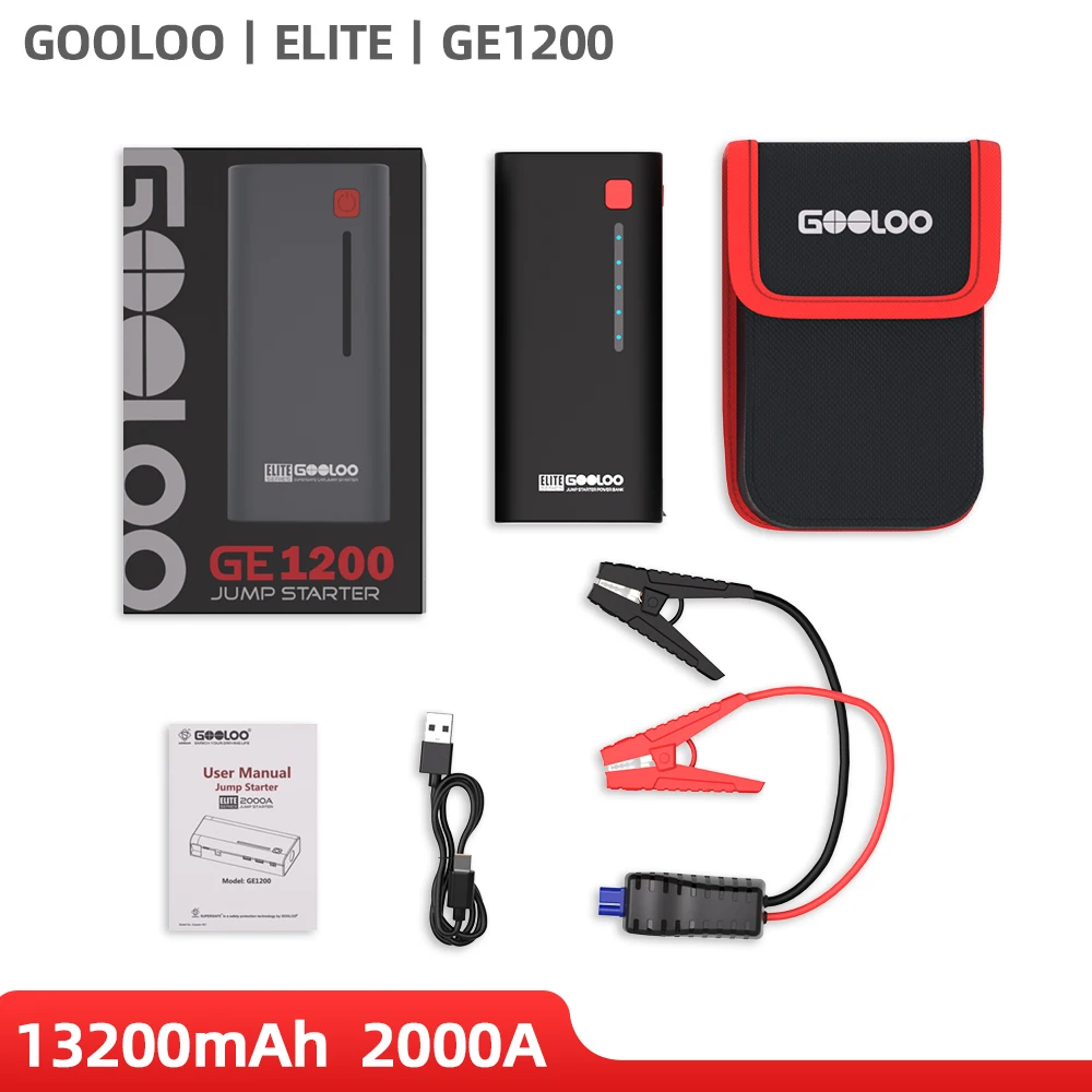 GOOLOO 12V Automotive Auto Startgerät 48,84Wh Powerbank Externe Batterie Booster 2000A Super Kapazität Motorrad Starthilfe