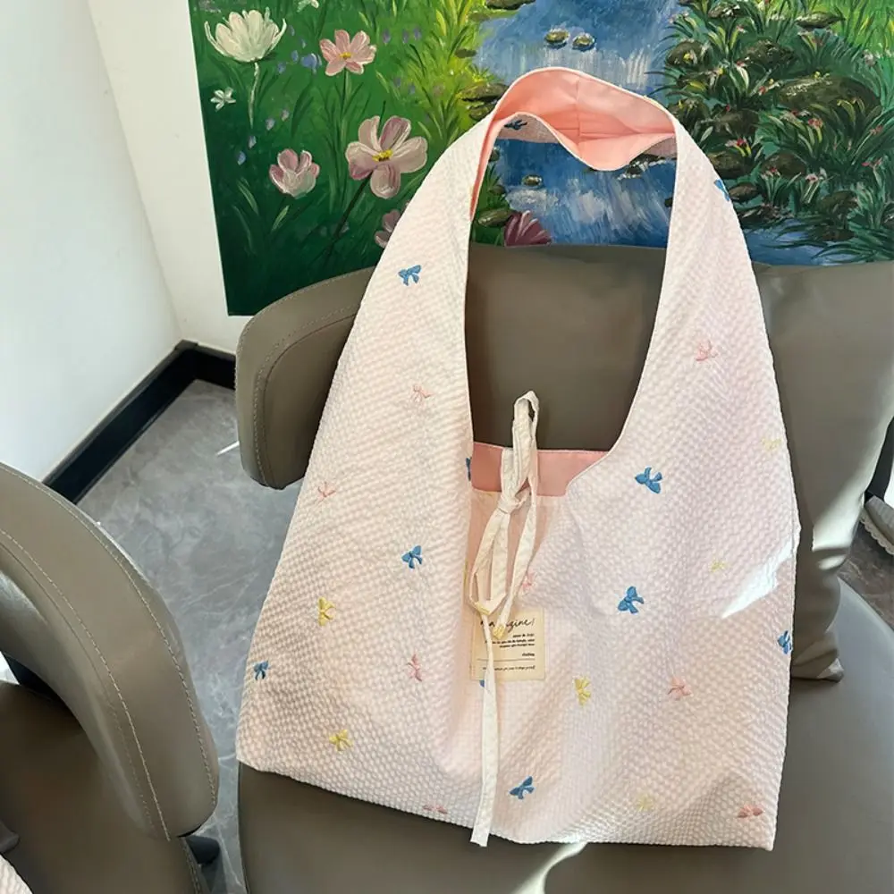 

Versatile Embroidered Bow Canvas Plaid Shoulder Bag Lovely Sweet Cloth Hobo Bag Korean Style Double Side Underarm Bag Shopping