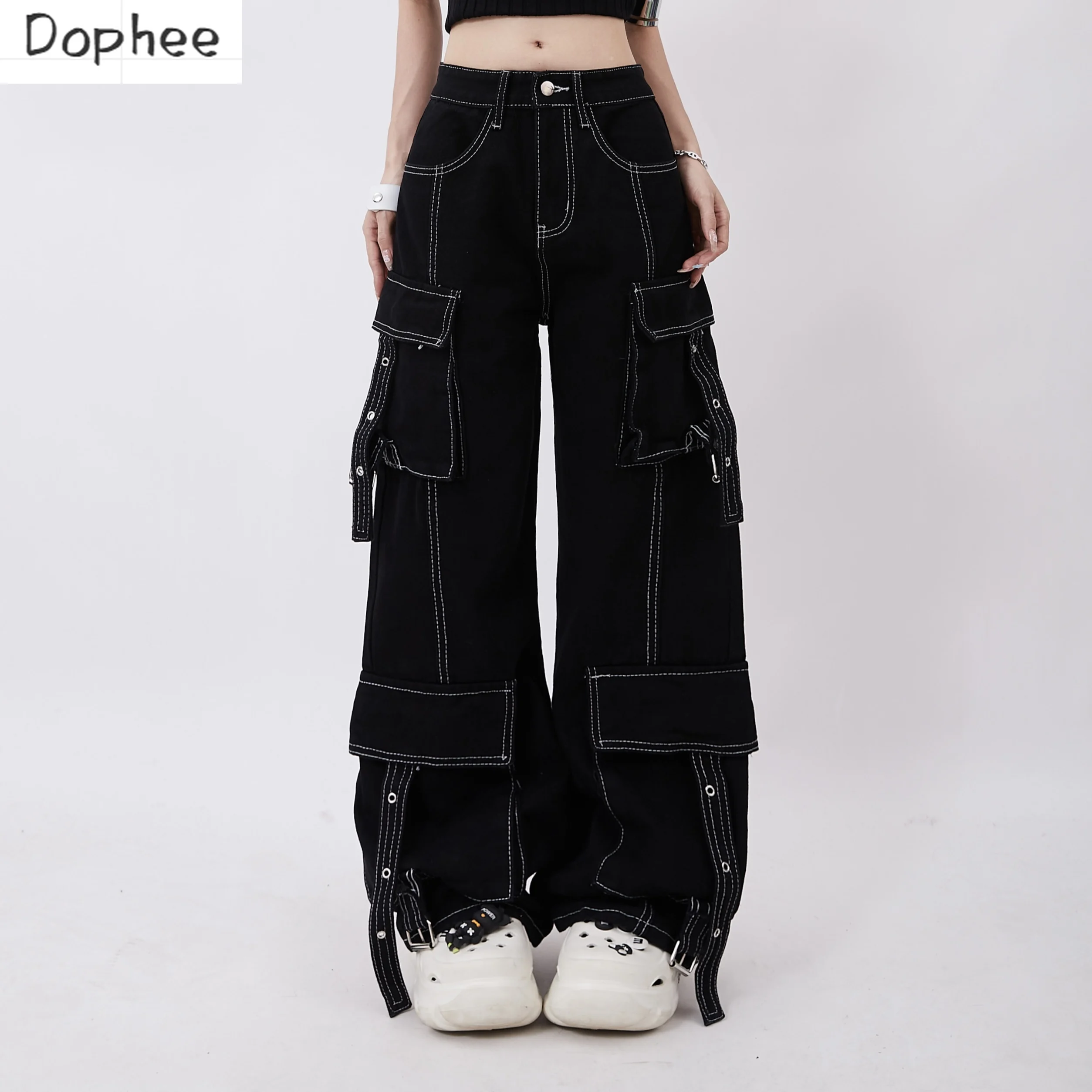 Dophee Dopamine Black Jeans for Women Multi Pockets Cargo Pants Line Decoration All-match Straight Causal Denim Trousers Loose