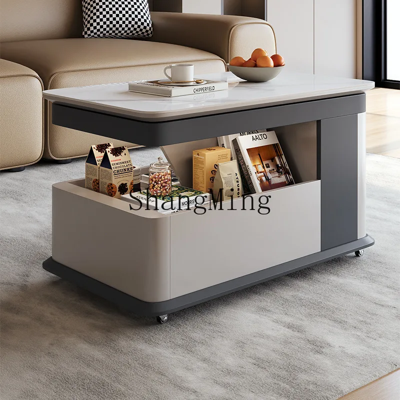 

ZYY sofa coffee table removable light luxury high-end feeling rock slab lifting belt wheel zero eating trolley living room home