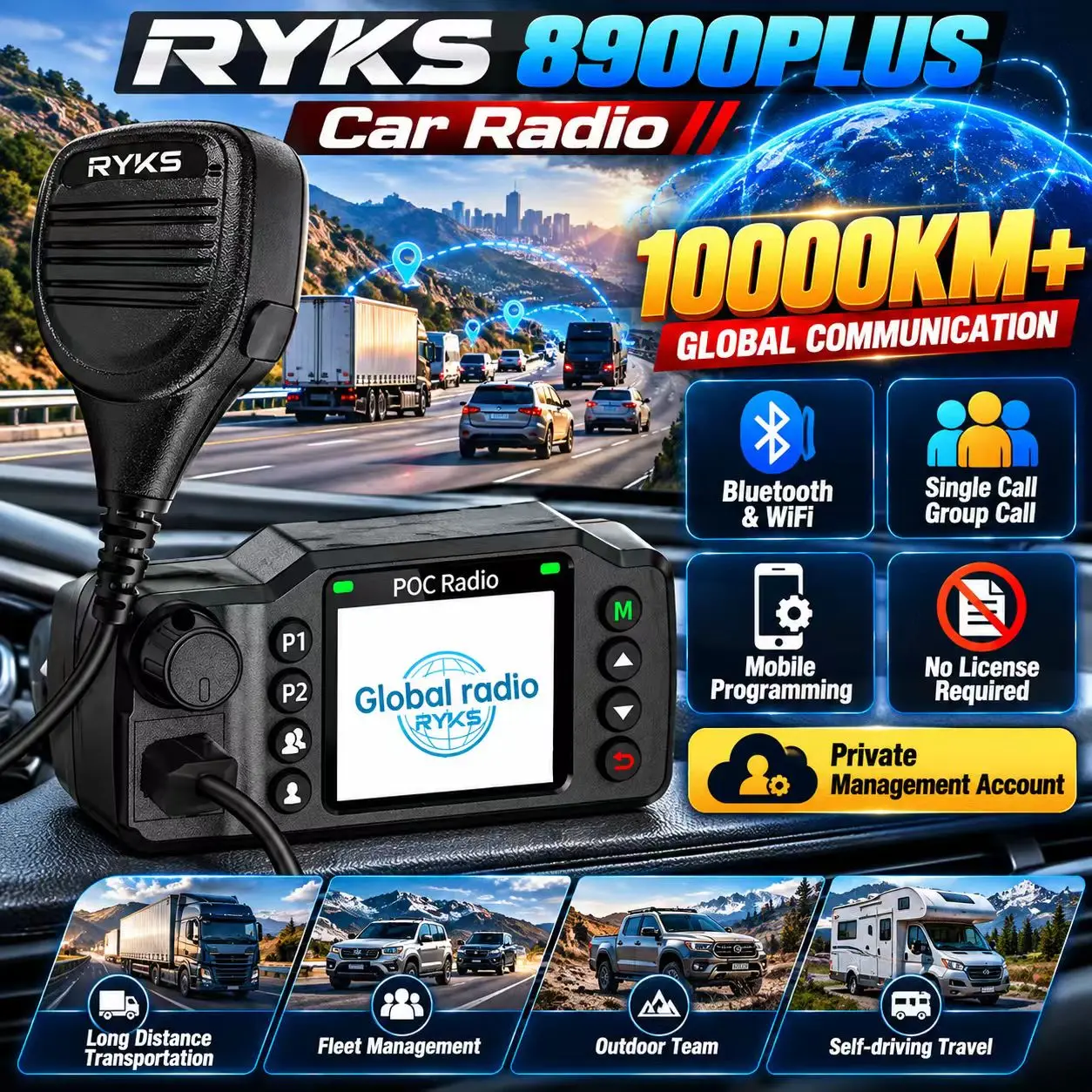 RYKS 8900PLUS Vehicle POC Radio GXIN POC 4G LTE Walkie Talkie Bluetooth WiFi Long Range 10000Km+ PTT Communication Device