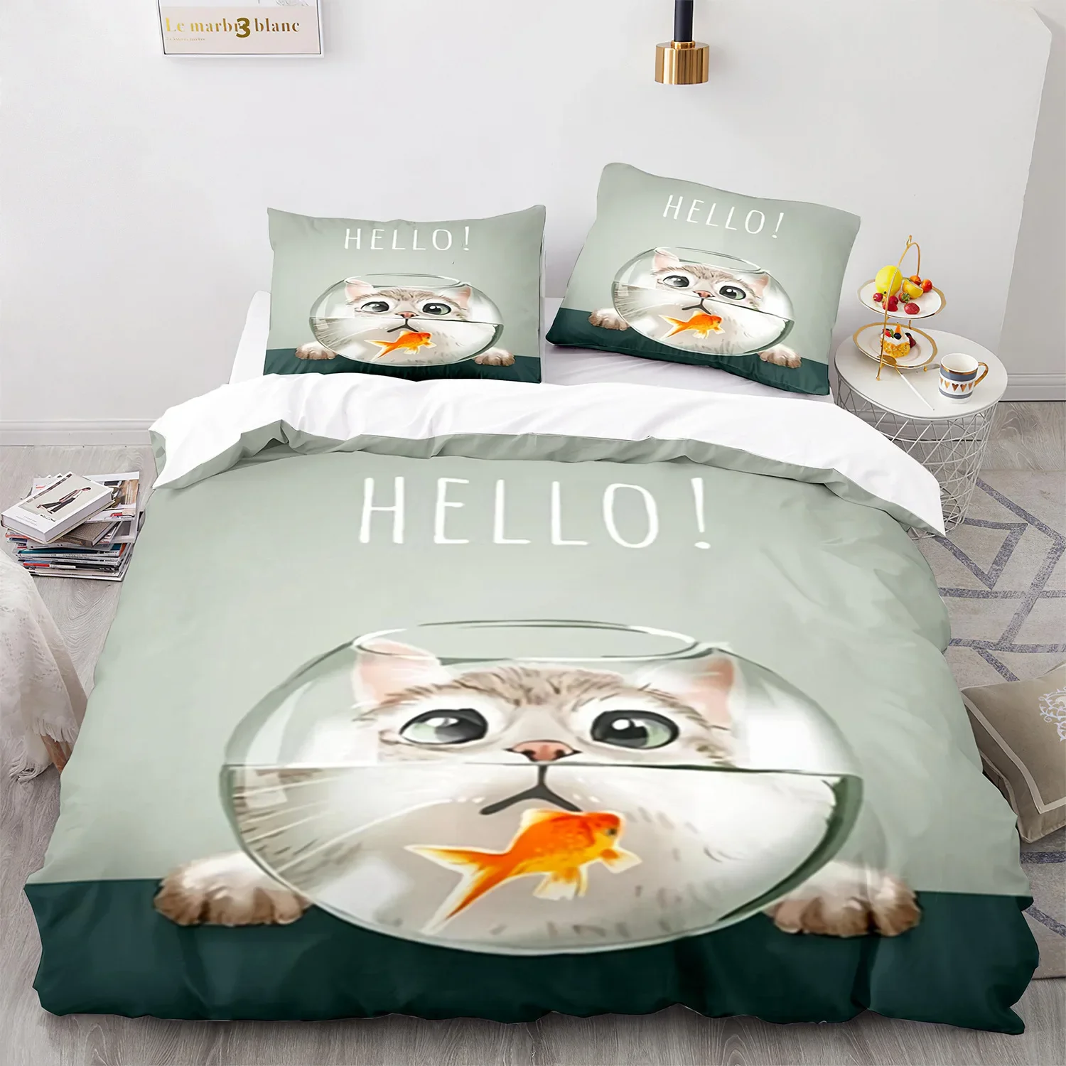 Cute Cat Duvet Cover Set Goldfish and Fish Tank Decor Comforter Cover Queen/Full Size Bedding Set 3 pcs for Kids Soft Polyester