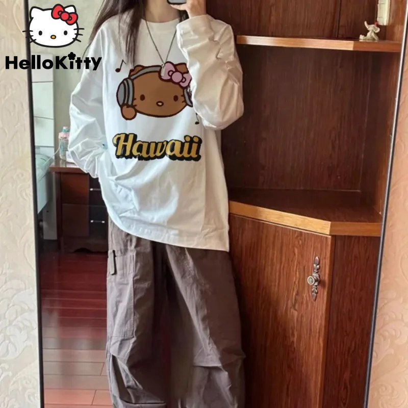 Sanrio Hello Kitty Early Autumn Design Pure Cotton Tees Women\'s Fashion Long Sleeved T-shirt Korean Version Casual Versatile Top