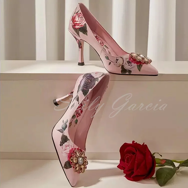 

Pink Crystal Flowers Embellished High Heel Pumps Pointed Toe Stiletto Heel Elegant Floral Print Slip On Single Shoes for Ladies