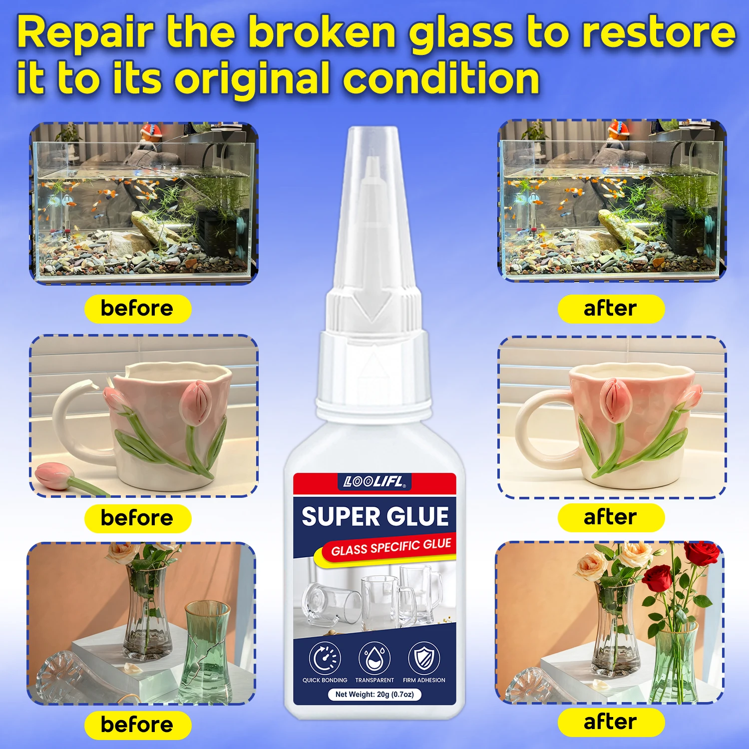 Colle pour verre forte, colle pour bijoux, liaison en trois secondes, la colle instantanée est transparente et insipide. Réparation sans couture, adaptée