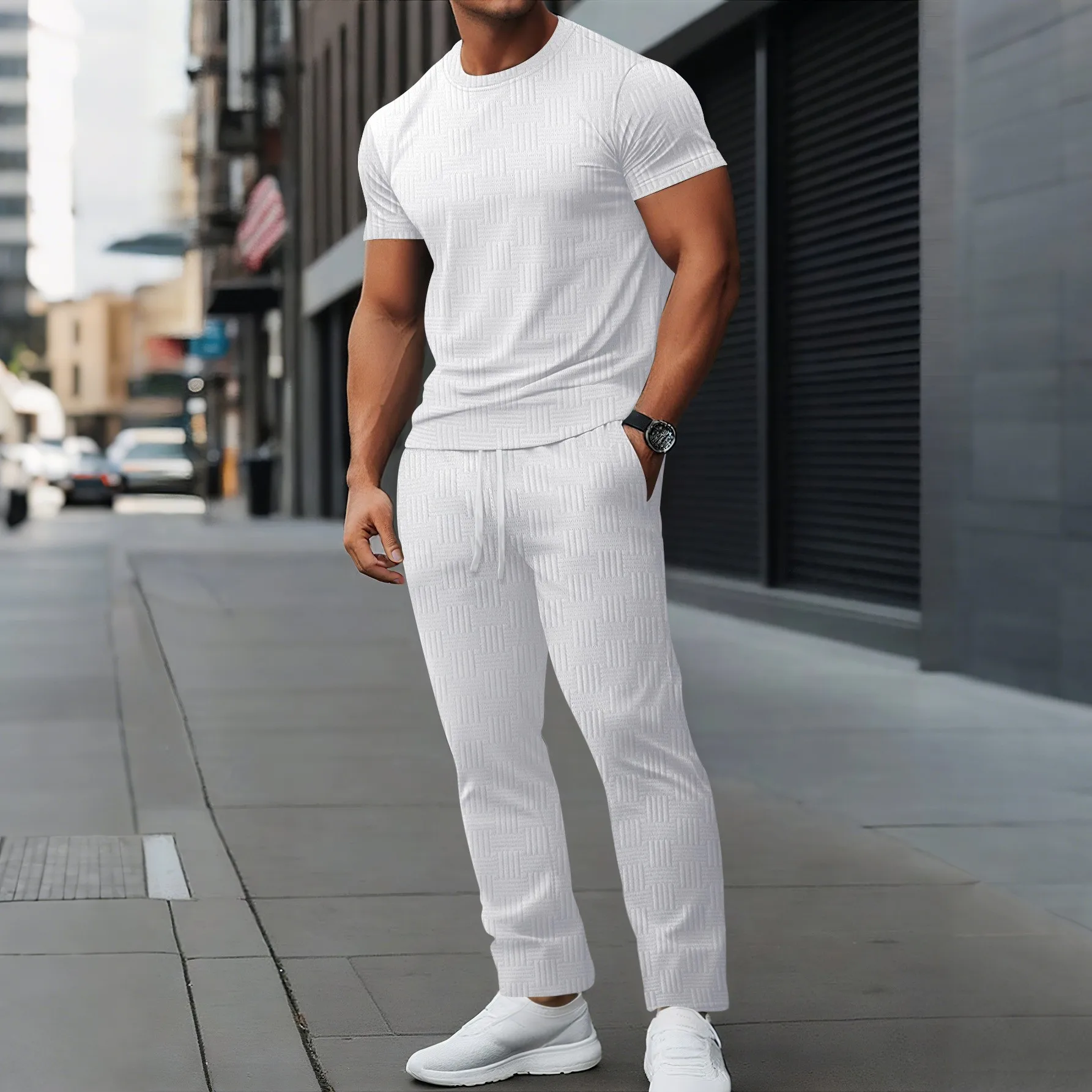 Men Summer Solid Jacquard 2PCS Outfit Round Neck Short Sleeve & Long Pants Loose Casual Outdoor Daily Wear Matching Tracksuit