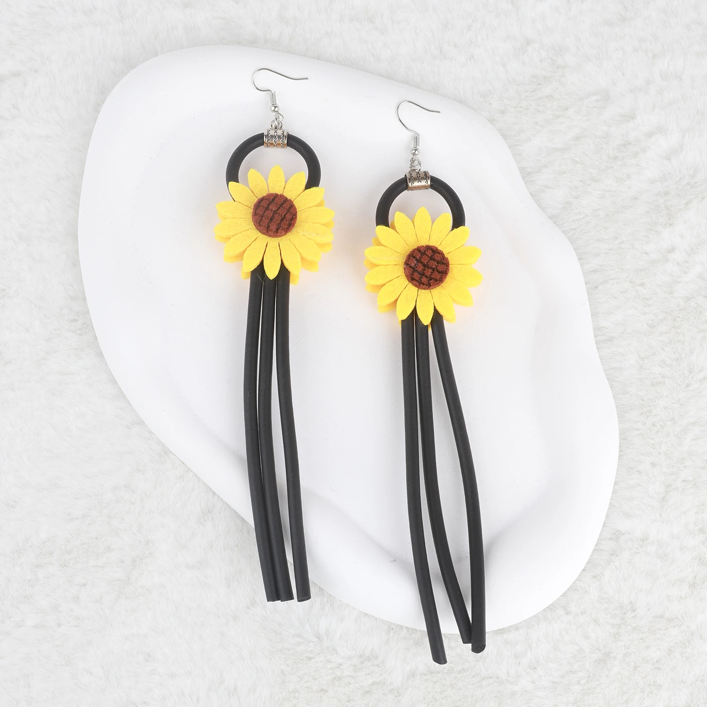 New Handmade Yellow Flower Tassel Design Long Rubber Earrings Fashionable Metal Ear Hooks Retro Style Versatile Women Earrings