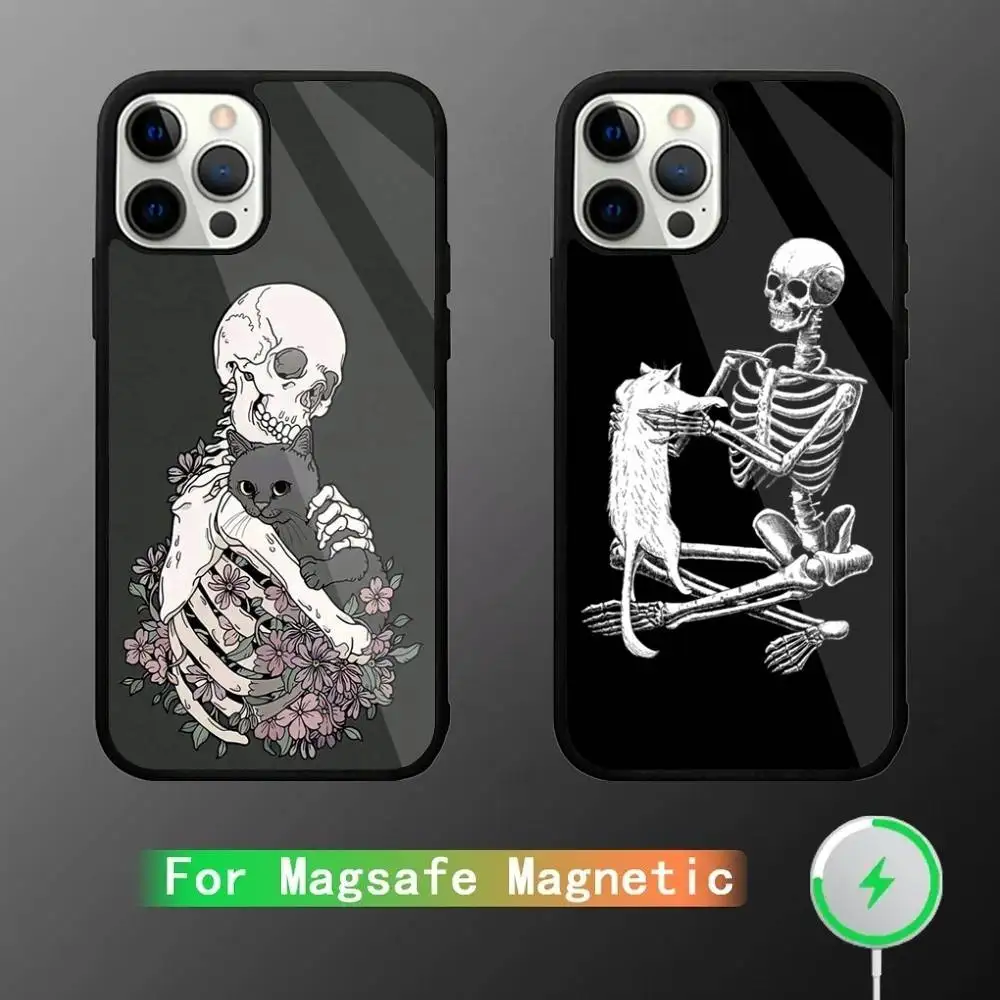 

Skeleton Cat Painted Phone Case For iPhone 16,15,14,13,12,11,Pro,Max,Plus,Mini,SE New Magsafe Magnetic Wireless Charging