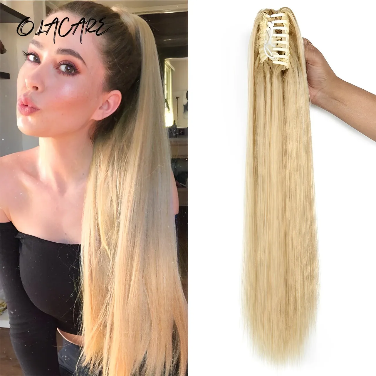 Synthetic Long Straight Claw Clip On Ponytail Hair Extensions 24Inch Heat Resistant Pony Tail Hair piece For Women Daily Party