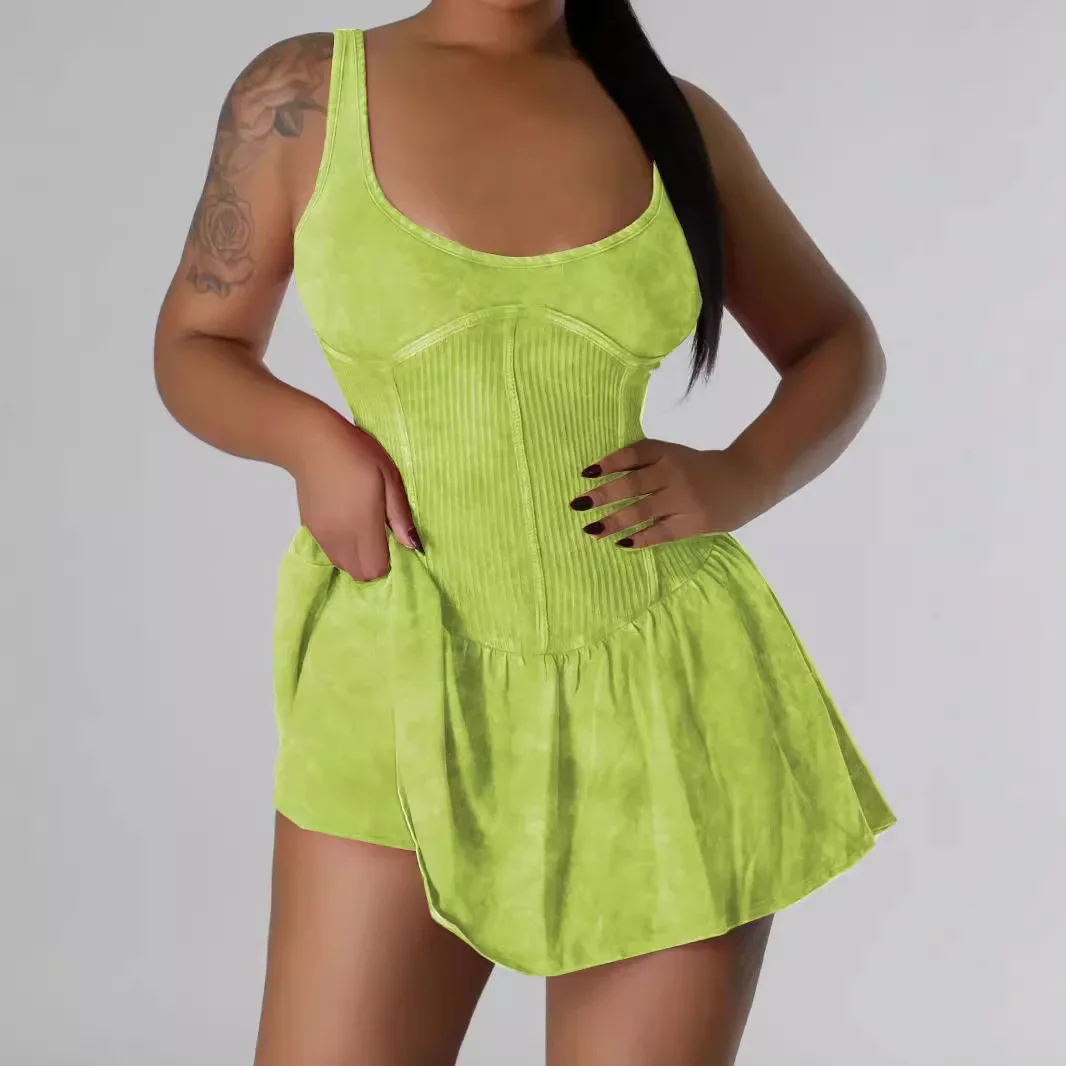 HY104 Fashionable Sexy Tie-dye Printing Suspender Splicing Dress