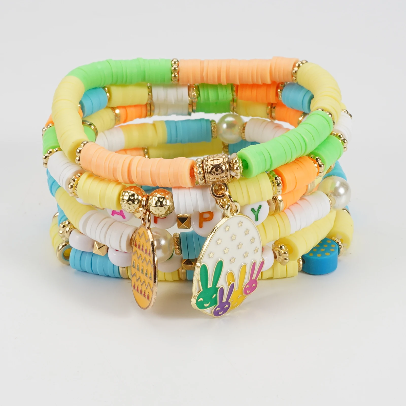 Easter Heishi Surfer Bracelets Set Easter Eggs Bunny Colorful Stackable Clay Beaded Stretch Bracelets