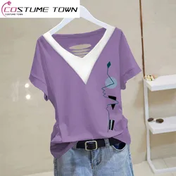 2023 New Hollow Out V-neck Short Sleeve Top Women's Summer New Versatile Loose Personalized Contrast Design T-shirt