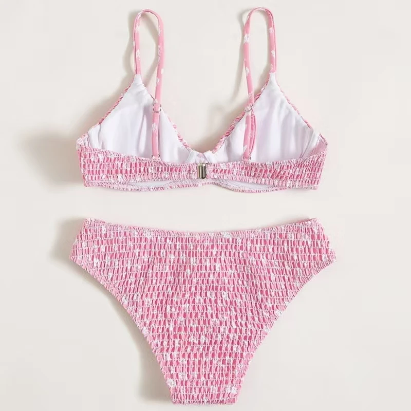 Split Swimsuit Suit Pink Pleated Shoulder Strap Printed Deep V Bra Low Waist Fresh Light Breathable Briefs Two-piece Set