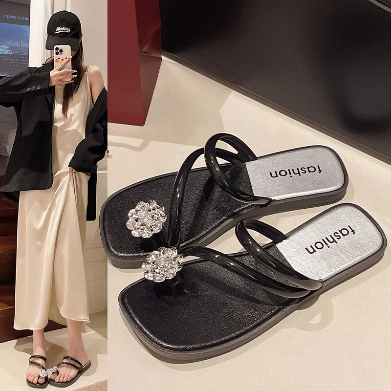 Fairy Tale Style Women's Slippers Flat Bottom Beach Sandals Diamond Encrusted Casual Fashion Summer Slip-On PVC Heel