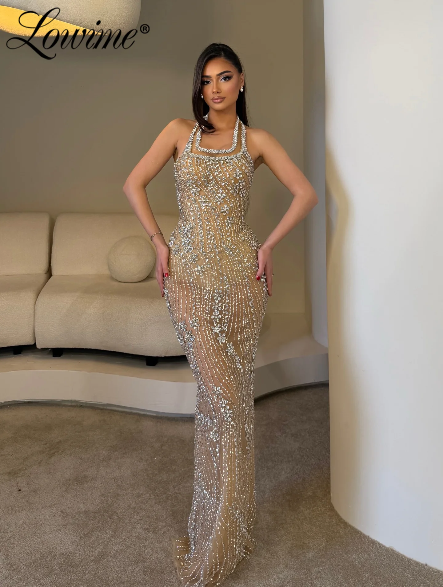 

Champagne Evening Dress Romantic Halter Party Gown Floor Length Cocktail Gowns Robes De Soirée Heavy Crystals Celebrity Dresses