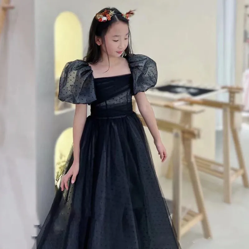 Girl Evening Dress for Kids Elegant Black Vintage Puff Sleeve Gowns Teenages Party Dresses Children Violin Performance Vestidos