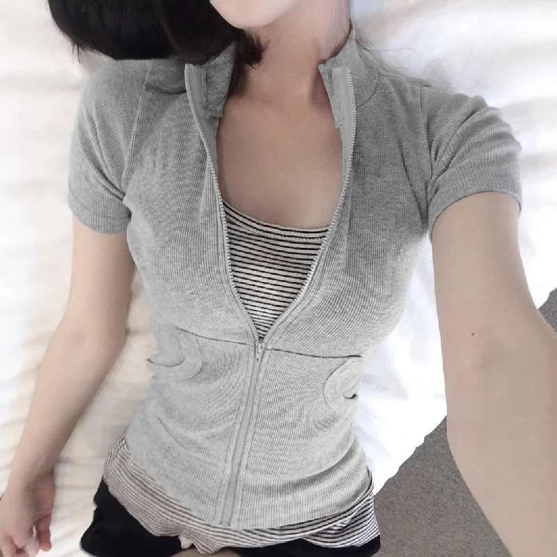 

Sports Style Zip-up T-shirt Summer Short Sleeve Pockets Sweatshirts Korean Fashion Slim-waist Fitness Clothing Women