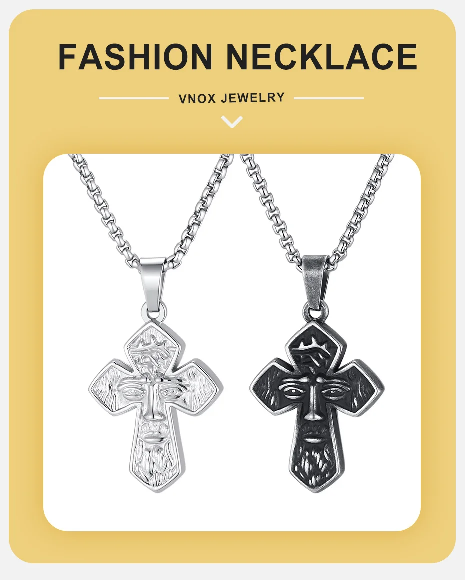 Vnox Jesus-Gesicht-Kreuz-Anhänger-Halskette für Männer, Retro-Religiöse Edelstahl-Box-Ketten-Halsketten, Schmuck, Christliches Geschenk – Detail 1