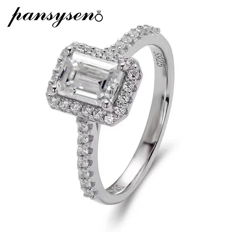 

PANSYSEN 100% 925 Sterling Silver 1CT Emerald Cut Real Moissanite Wedding Rings for Women 18K White Gold Color Fine Jewelry Gift