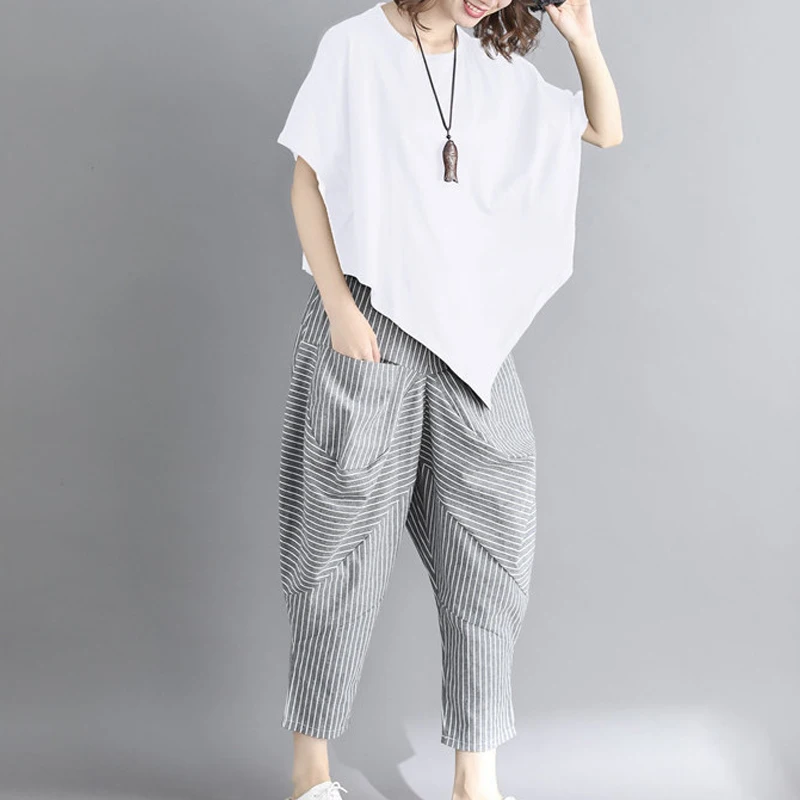 Korean Elegant Fashion Solid Color Short Sleeve T-Shirts Sets Women Elastic Waist Striped Irregular Cotton Hemp Haren Pant Suits