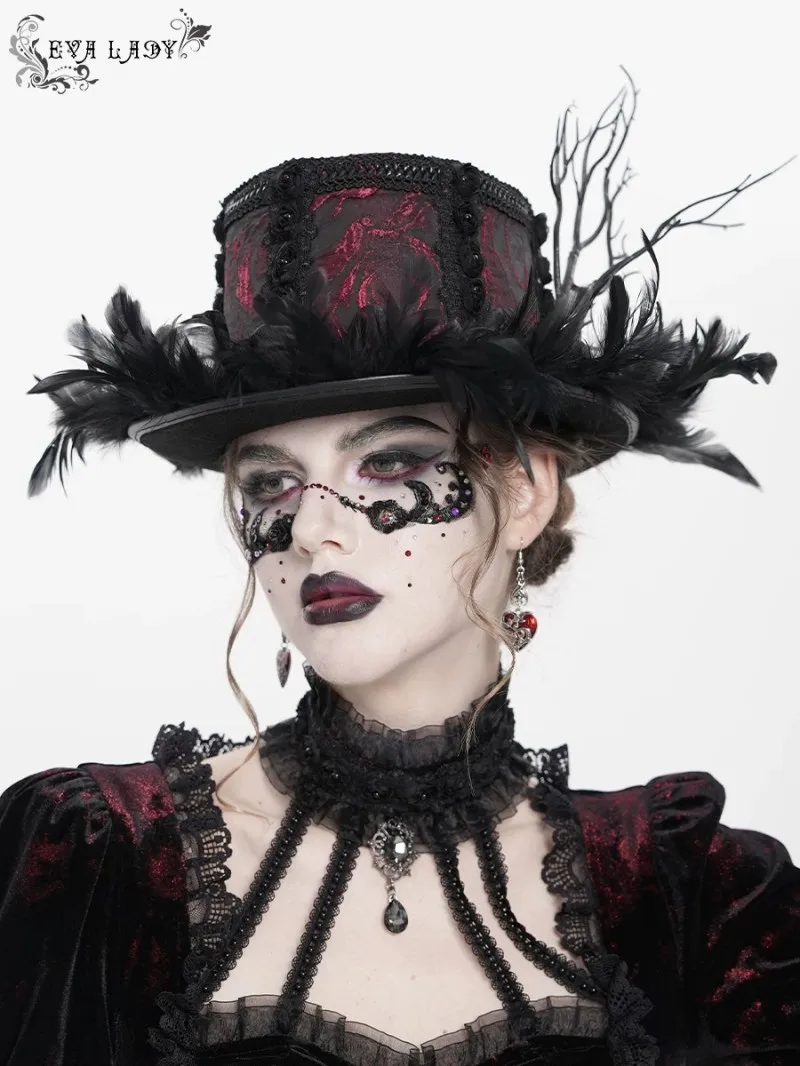 EVA LADY Gothic Headdress Hat Feather Rose Branch Decoration Dark Headwear for Women Halloween Cosplay Rave Music Festival Club