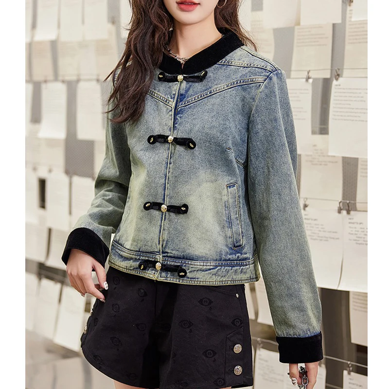 New Spring Autumn Women Trendy Vintage Harajuku Y2K Denim Jacket Korean Casual Streetwear Outewear Stand Collar Long Sleeve Coat