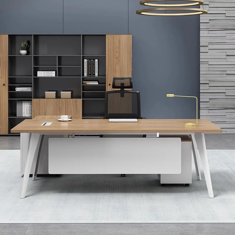 #Single-person L-shape Executive Desk and Chair Set with Maple Wood and Side Cabinet Minimalist Modern Office Furniture