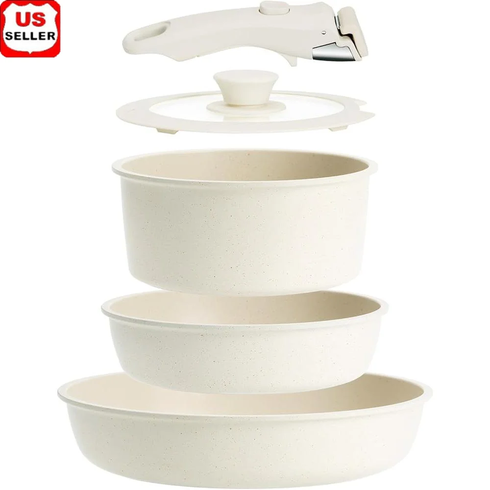 

Non Stick Cookware Set 5 Pcs Pots and Pans Detachable Handle Induction Safe Removable Kitchen Cookware Space Saving Clean Up